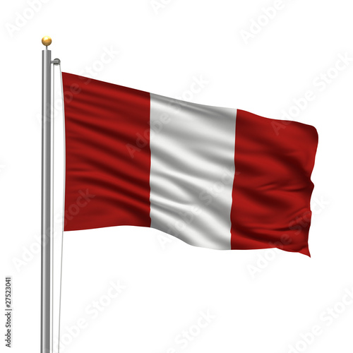Flag of Peru waving in the wind in front of white background