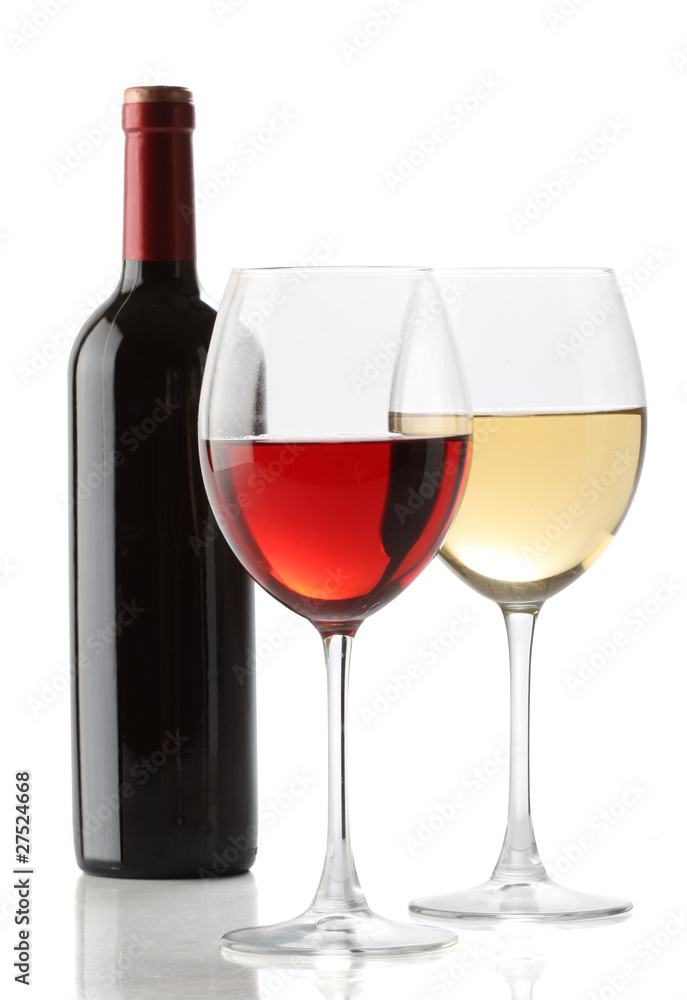 Two glasses of wine and a bottle isolated over white background Two glasses of wine and a bottle isolated over white background