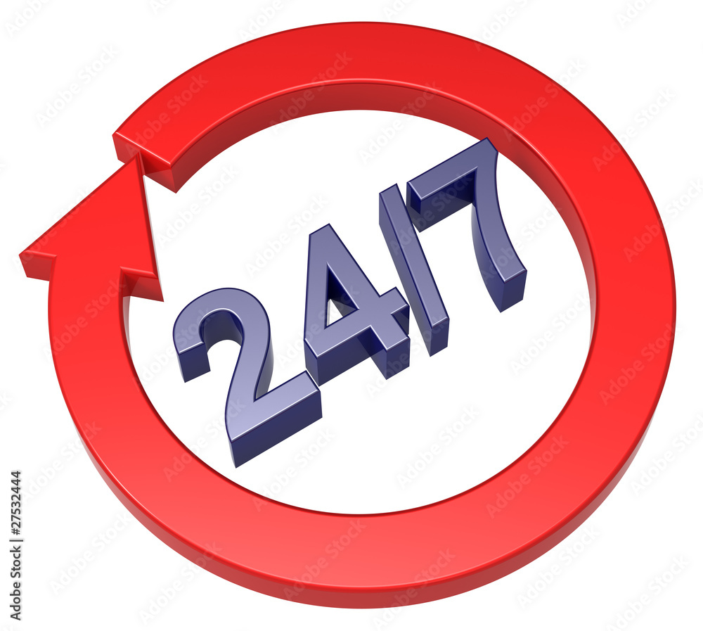 24 hours seven days a week sign over white. 24 hours seven days a week sign over white.