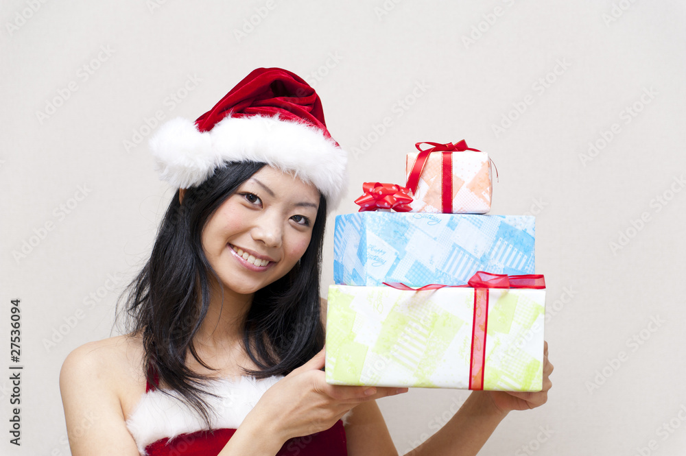 a portrait of santa woman taking present a portrait of santa woman taking present