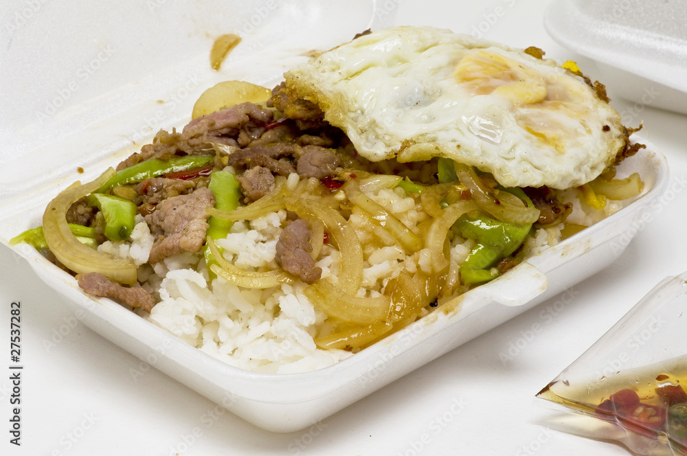 foam take out container thai food on white background foam take out container thai food on white background