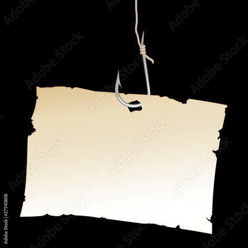 Vintage Paper sheet on fishing hook.