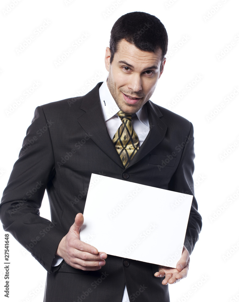 businessman souriant avec un carton blanc businessman souriant avec un carton blanc