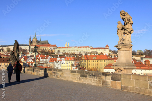 Baroque Statues on the Prague Charles Bridge with Castle