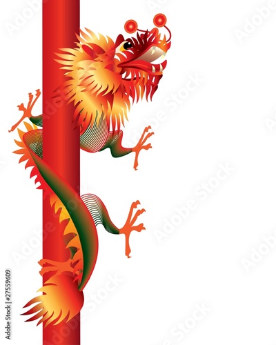 Chinese dragons on red  background with poles