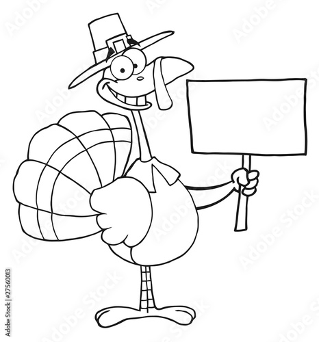 Outlined Turkey With Pilgrim Hat Holding A Blank Sign