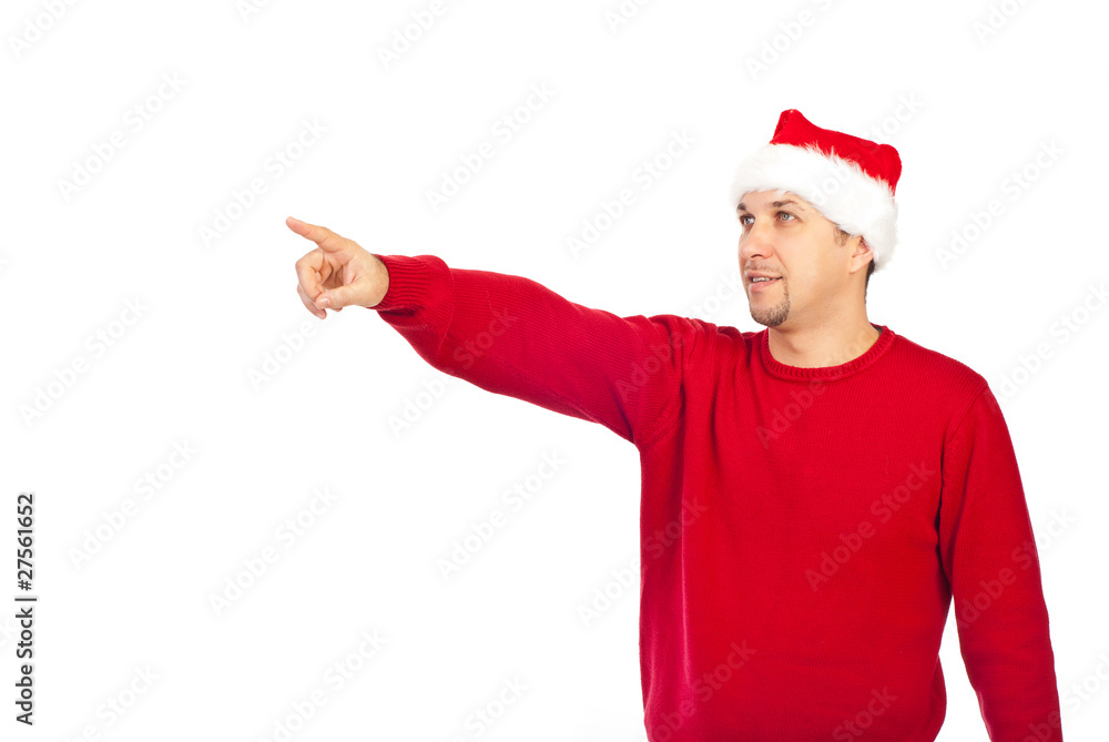 Santa helper man pointing away