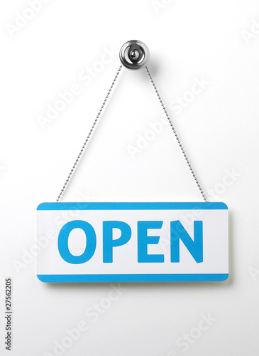 process blue open door sign on a silver chain on a white backgro