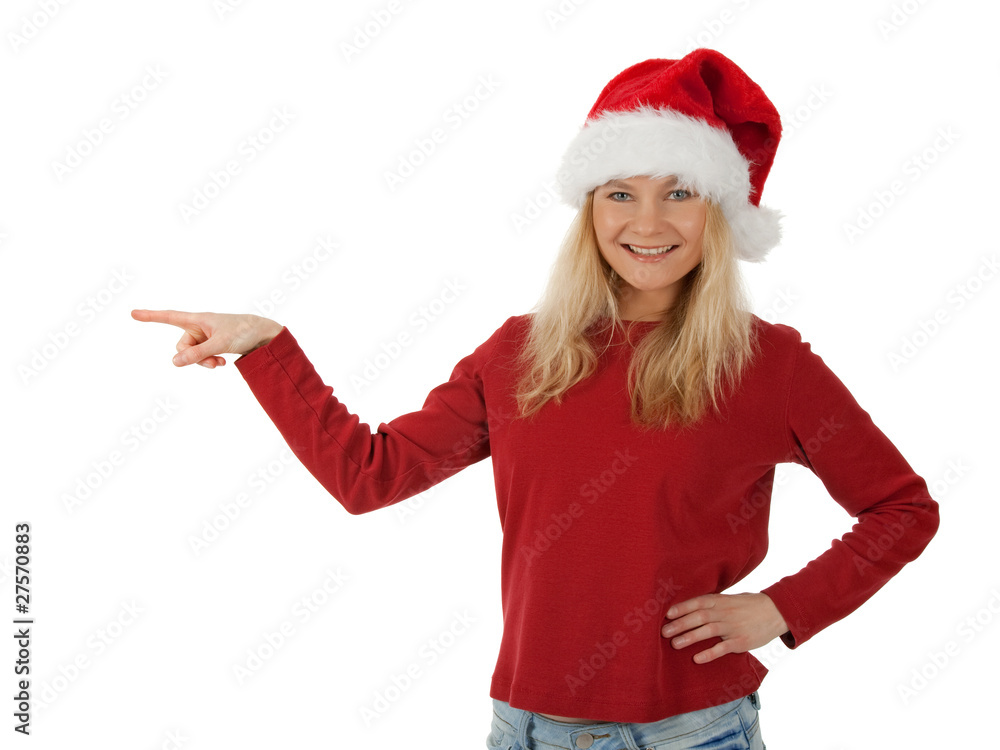 Smiling Santa girl showing direction Smiling Santa girl showing direction