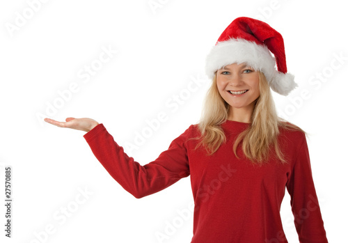 Santa girl holding hand palm up