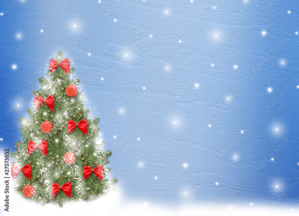Obraz premium Card for congratulation. Christmas tree with balls and bows