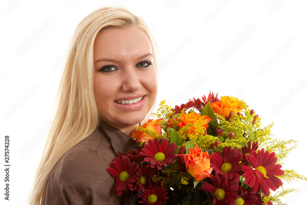 Young blonde woman with bouquet of flowers over white background Young blonde woman with bouquet of flowers over white background