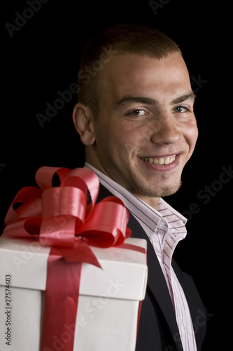 man with a wrapped gift box