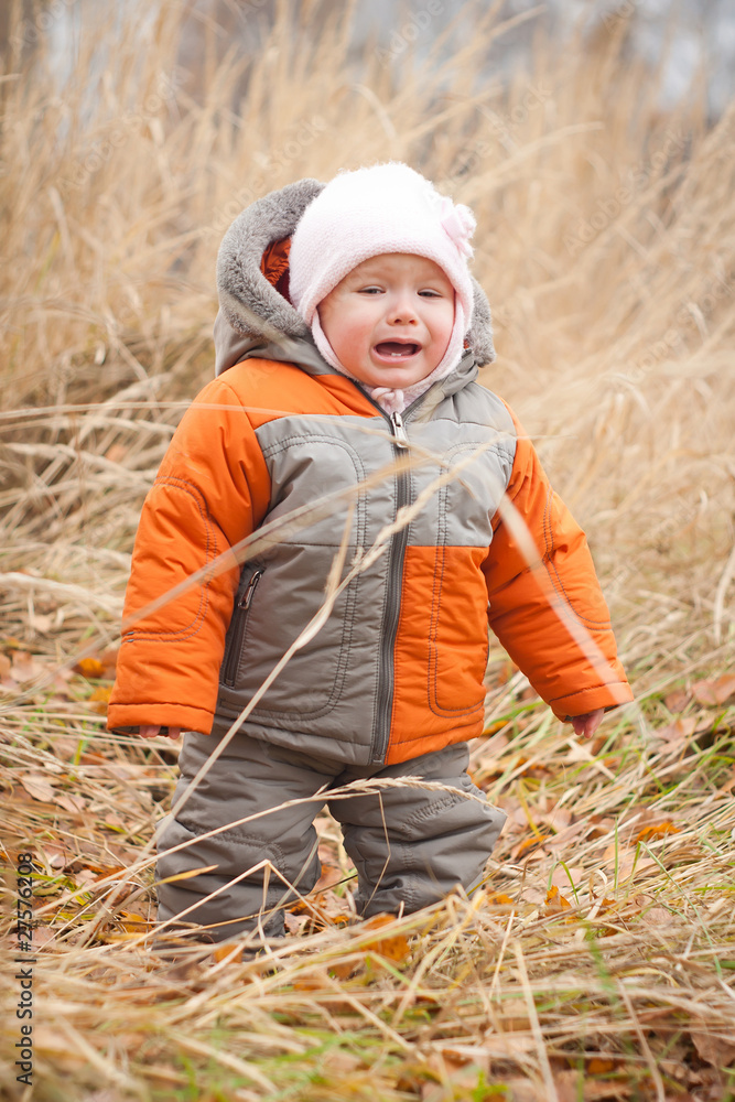 cute cry baby walking in high autumn grass cute cry baby walking in high autumn grass