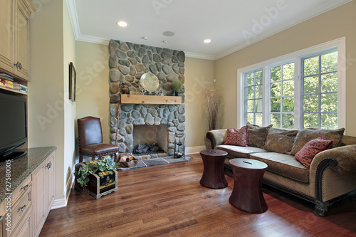 Family room with stone fireplace