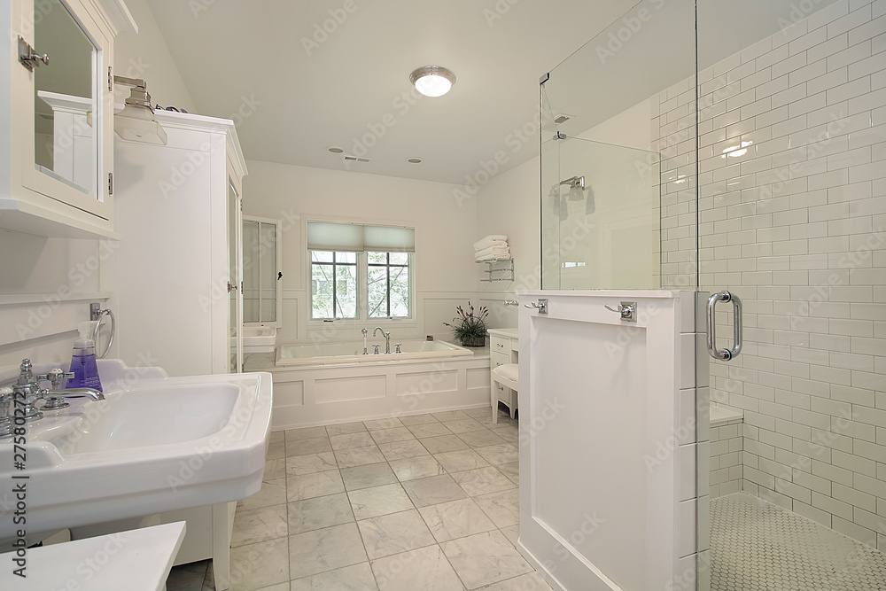 Master bath with white cabinetry Master bath with white cabinetry
