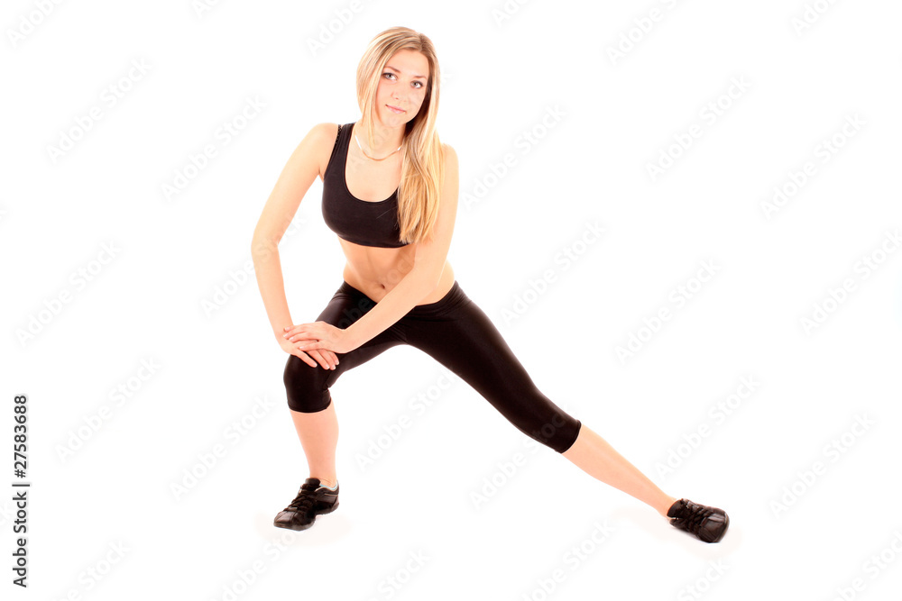 pretty young girl in the gymnastic pose isolated on white pretty young girl in the gymnastic pose isolated on white