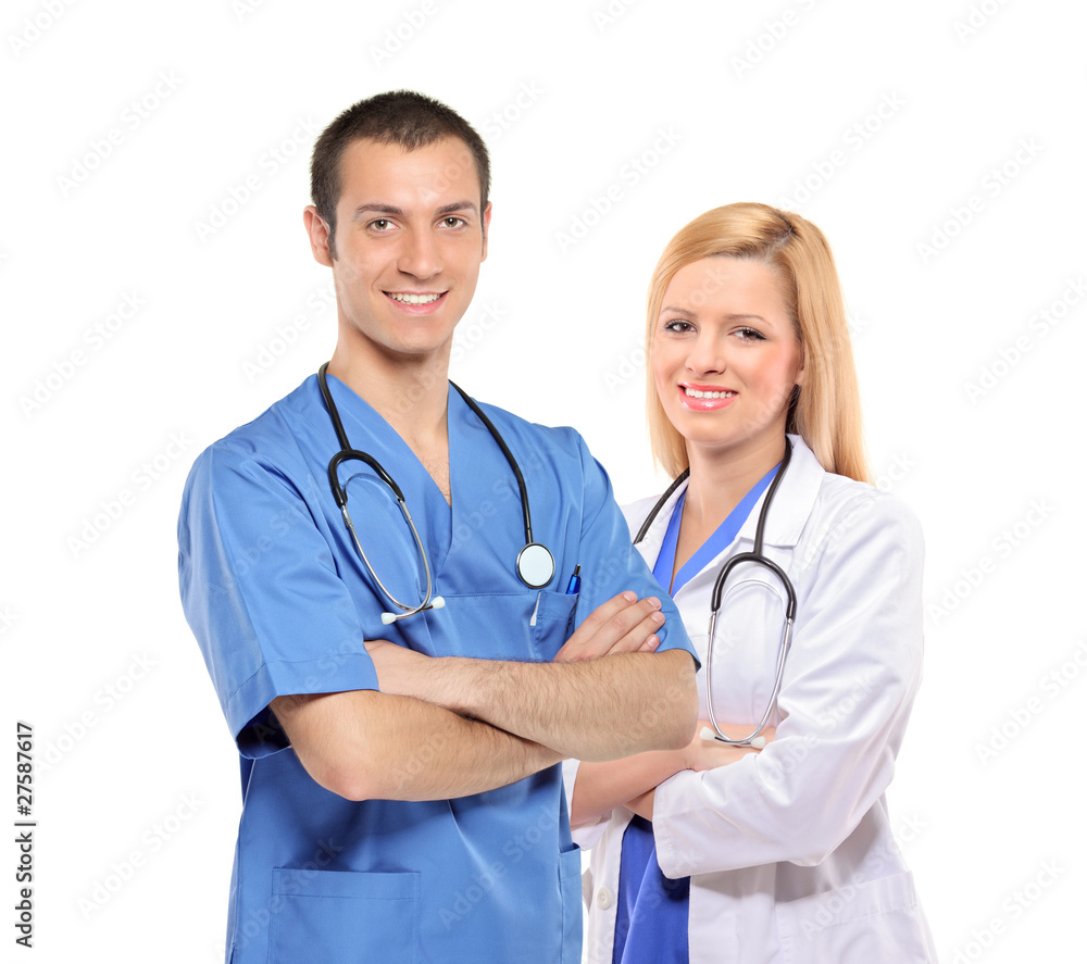 Portrait of a medical team of doctors, man and woman Portrait of a medical team of doctors, man and woman