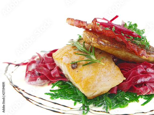 red beet pasta and fried fish fillet