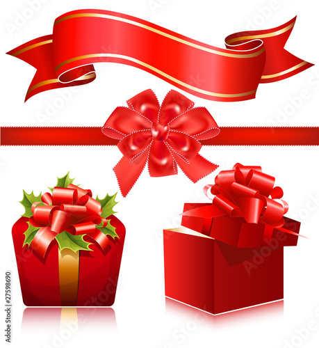 Vector. Red gift boxes with red ribbon and bow.
