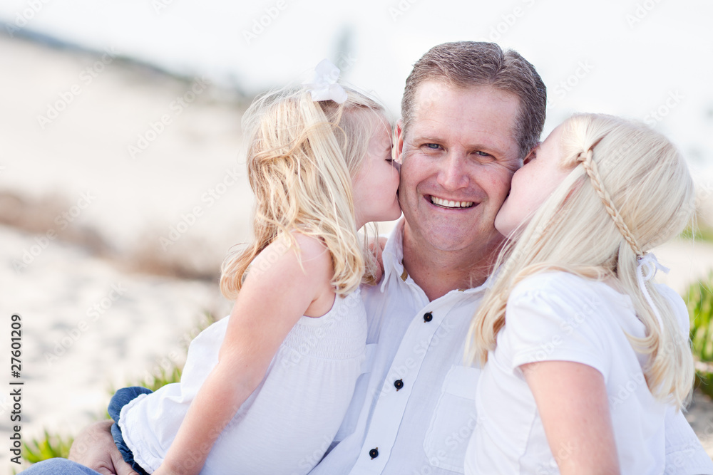 Handsome Dad Getting Kisses from His Cute Daughters Handsome Dad Getting Kisses from His Cute Daughters