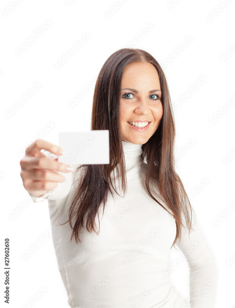 Pretty young woman with business card Pretty young woman with business card