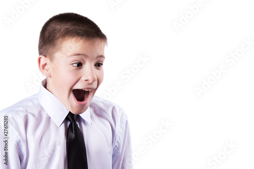 boy has opened mouth from surprise, isolated on white