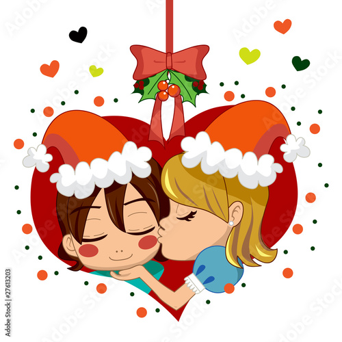 Girl kissing boy under mistletoe branch on Christmas