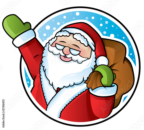 Happy Santa Claus carrying a sack of Christmas presents
