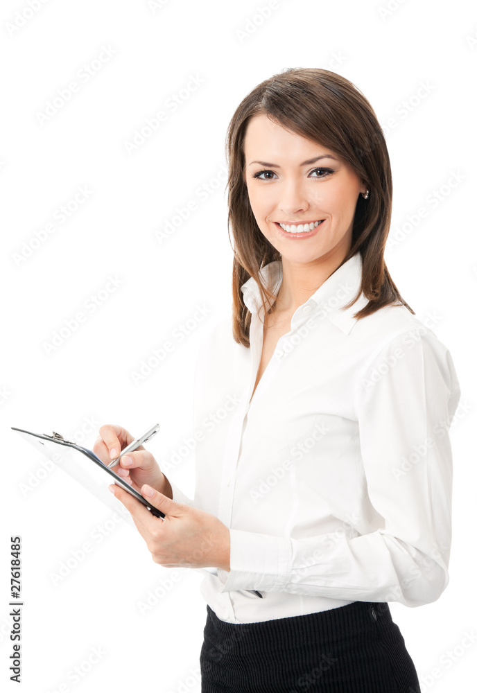 Happy smiling cheerful young businesswoman, on white Happy smiling cheerful young businesswoman, on white