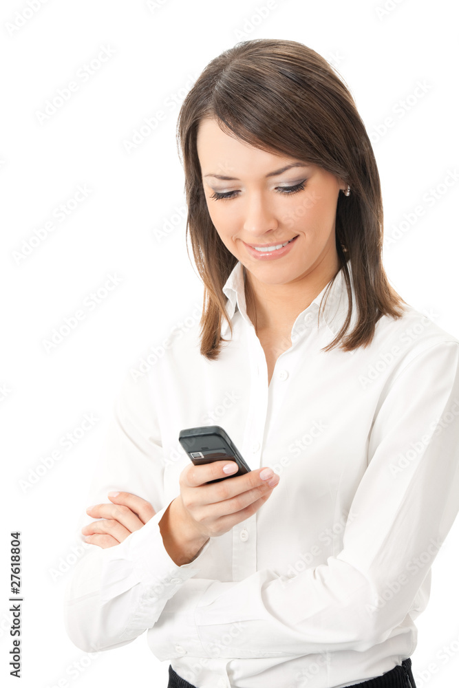 Happy smiling successful businesswoman with cell phone Happy smiling successful businesswoman with cell phone