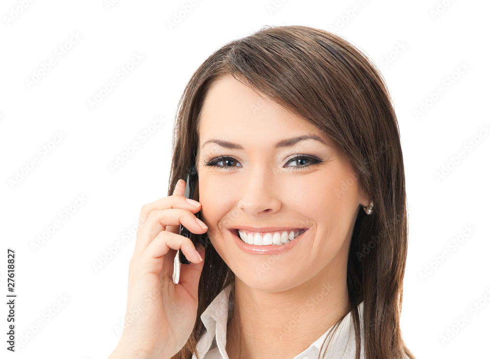 Happy successful businesswoman with cell phone, on white Happy successful businesswoman with cell phone, on white