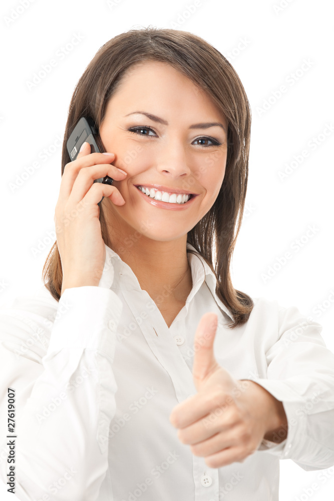 Happy businesswoman with cell phone and thumbs up, on white Happy businesswoman with cell phone and thumbs up, on white