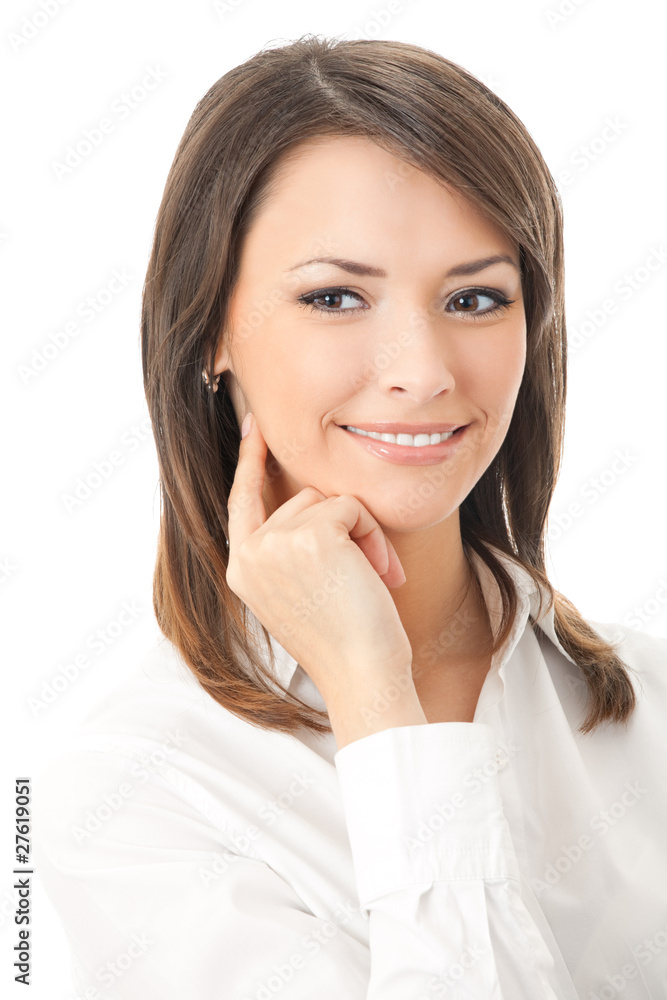 Portrait of happy smiling thinking businesswoman, isolated Portrait of happy smiling thinking businesswoman, isolated