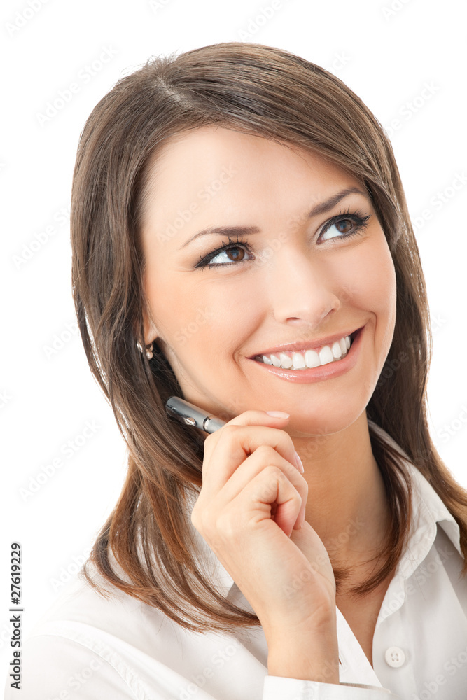 Portrait of happy smiling businesswoman with pen, isolated Portrait of happy smiling businesswoman with pen, isolated