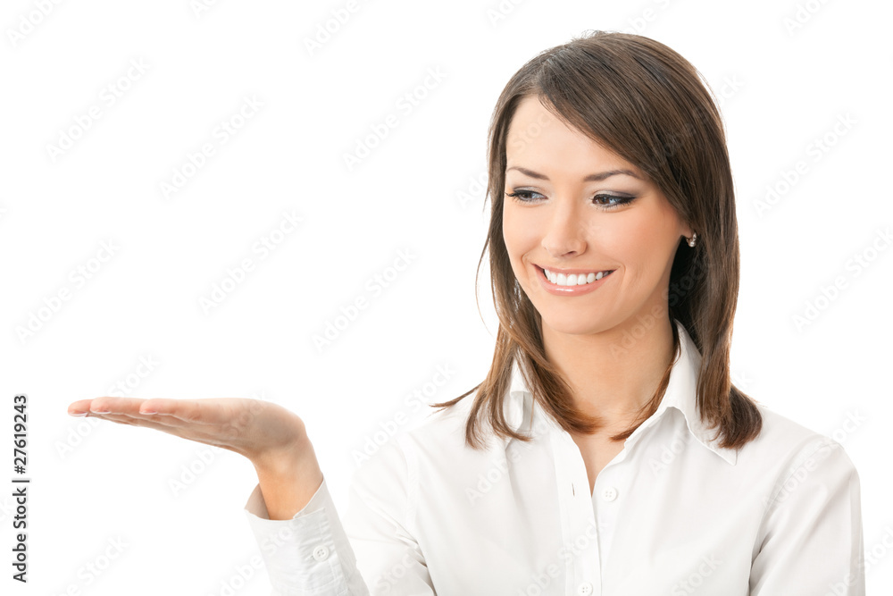 Portrait of happy smiling businesswoman showing, isolated Portrait of happy smiling businesswoman showing, isolated