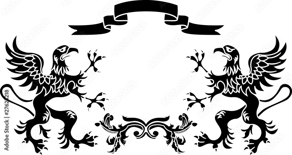 Obraz premium stencil framework: griffins with a ribbon and a branch