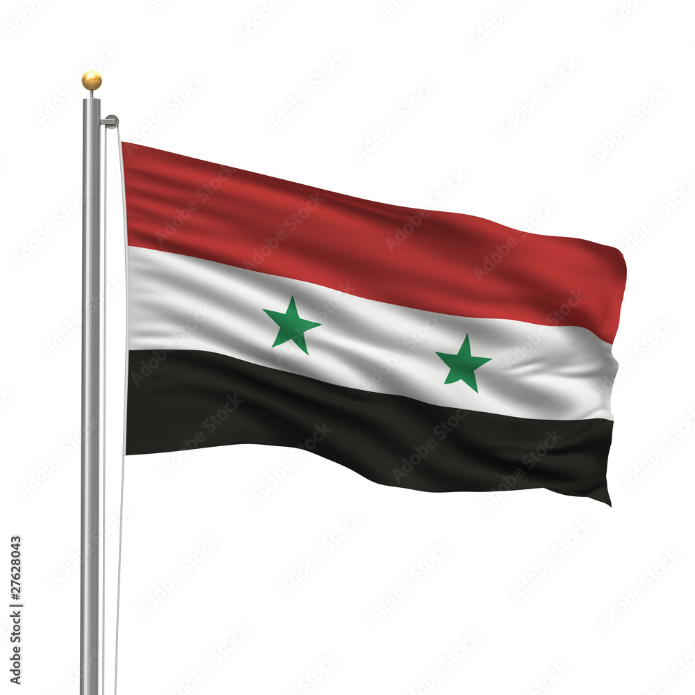 Naklejka premium Flag of Syria waving in the wind in front of white background