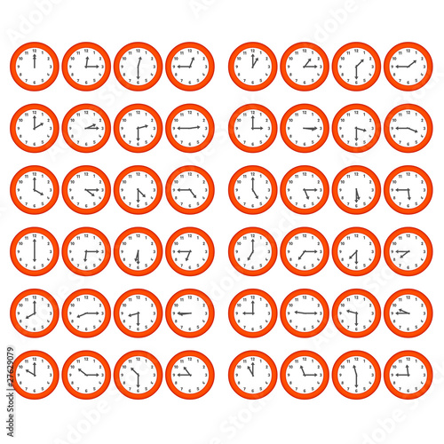 Red Cartoon Clocks Showing All 12 Hours at 15 Minute Intervals