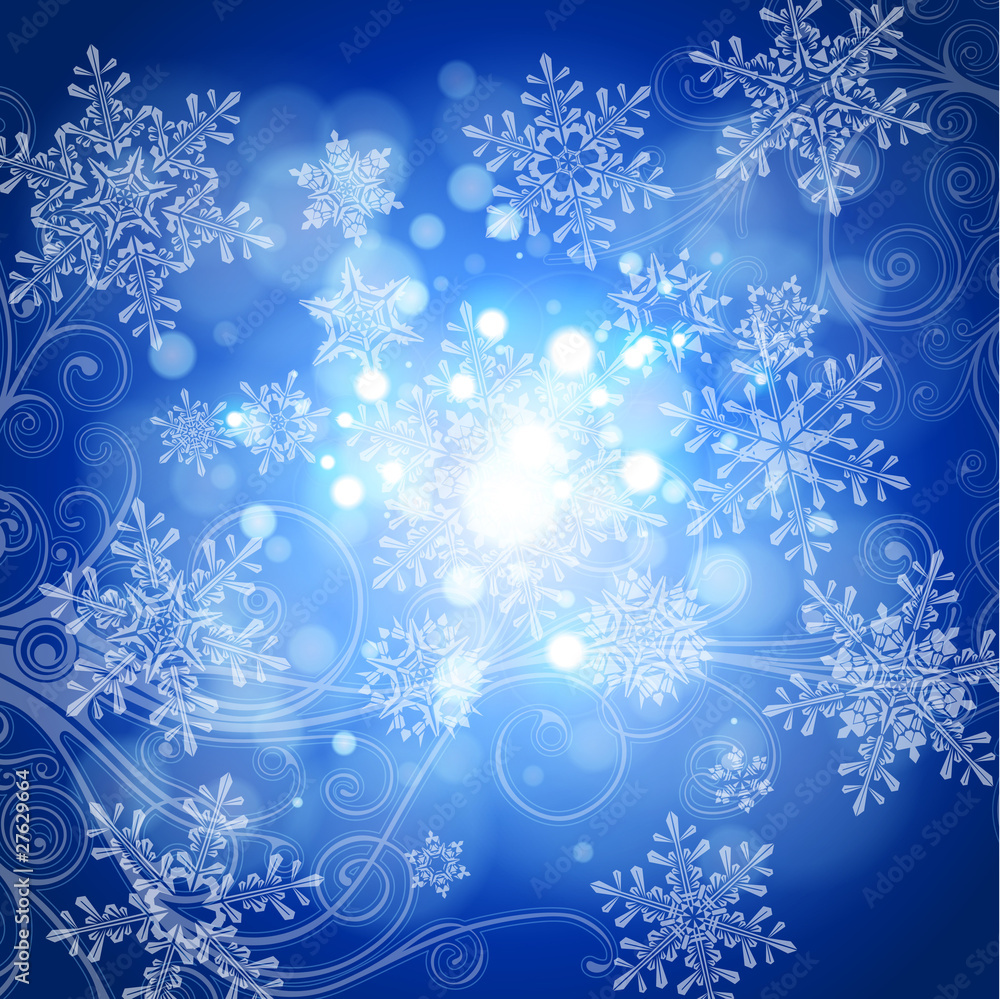 snowflakes, floral ornament, blue sky