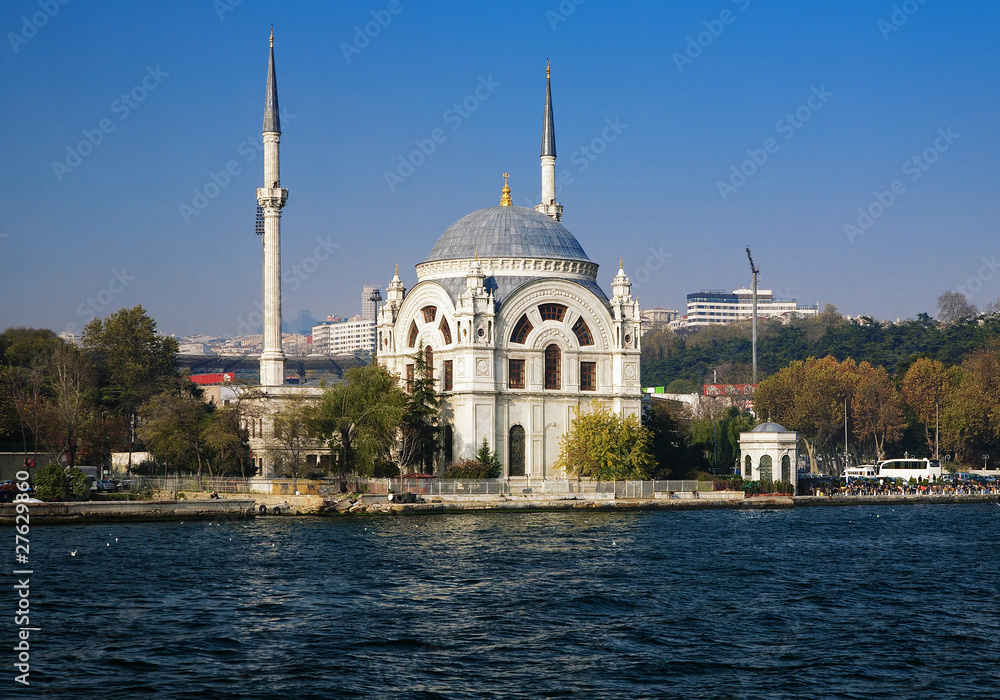 Dolmabahce mosque at the coast of Bosphorus in Istanbul, Turkey