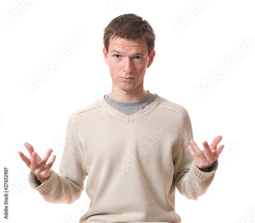 Young man asking question isolated over white background