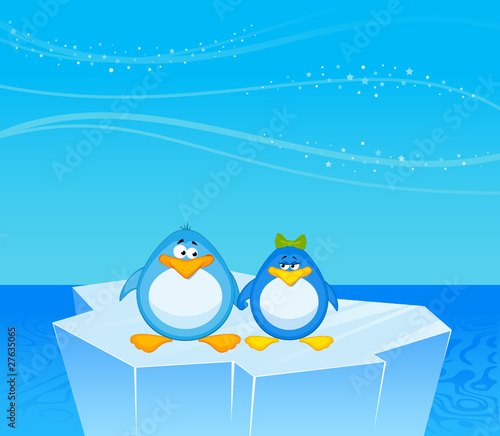 Vector pair of cartoon penguins on an iceberg in an ocean