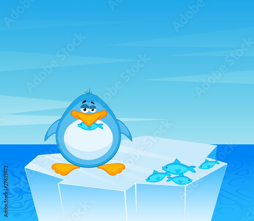 Vector cartoon penguin on an iceberg in an ocean