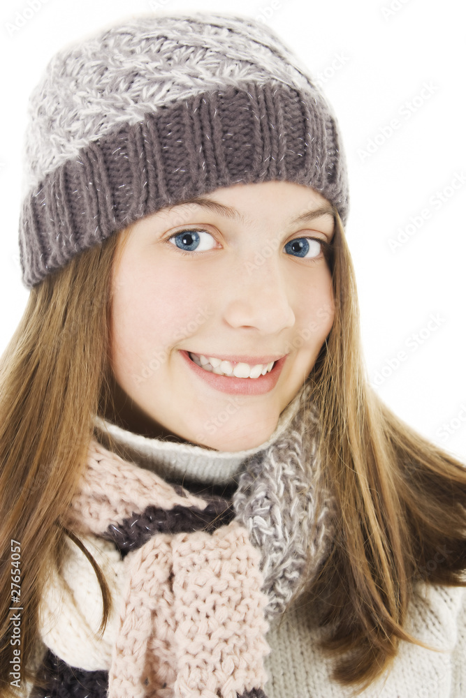 Smiling girl in winter style. Isolated on white. Smiling girl in winter style. Isolated on white.