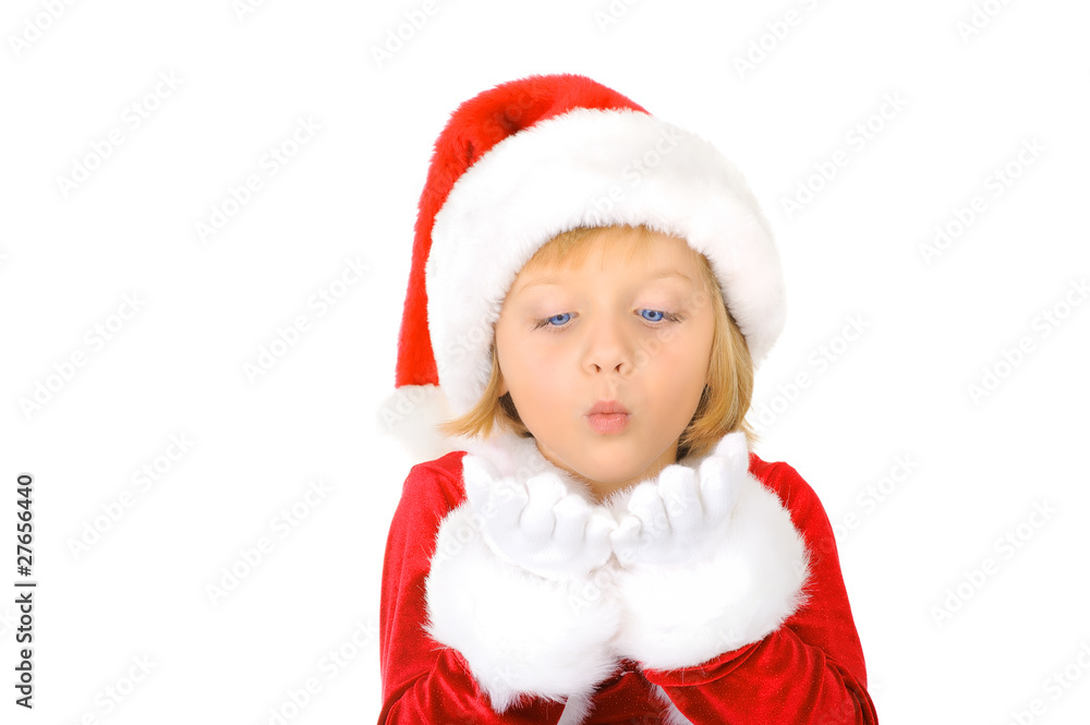 Cute little Santa Claus is blowing snowflake Cute little Santa Claus is blowing snowflake