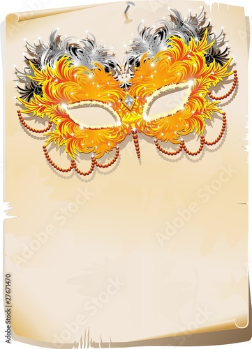 Maschera di Piume su Pergamena-Feathers Mask Background-Vector