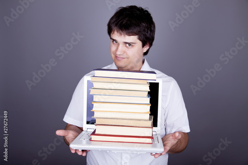 Funny men with books and white notebook.