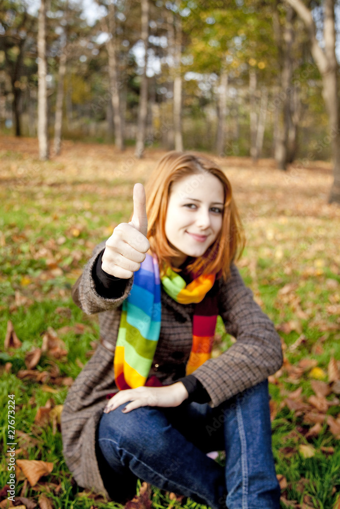 Portrait of red-haired girl in the autumn park. Portrait of red-haired girl in the autumn park.
