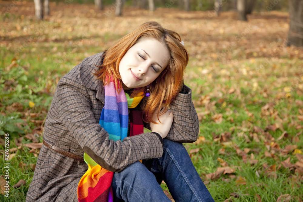Portrait of red-haired girl in the autumn park. Portrait of red-haired girl in the autumn park.